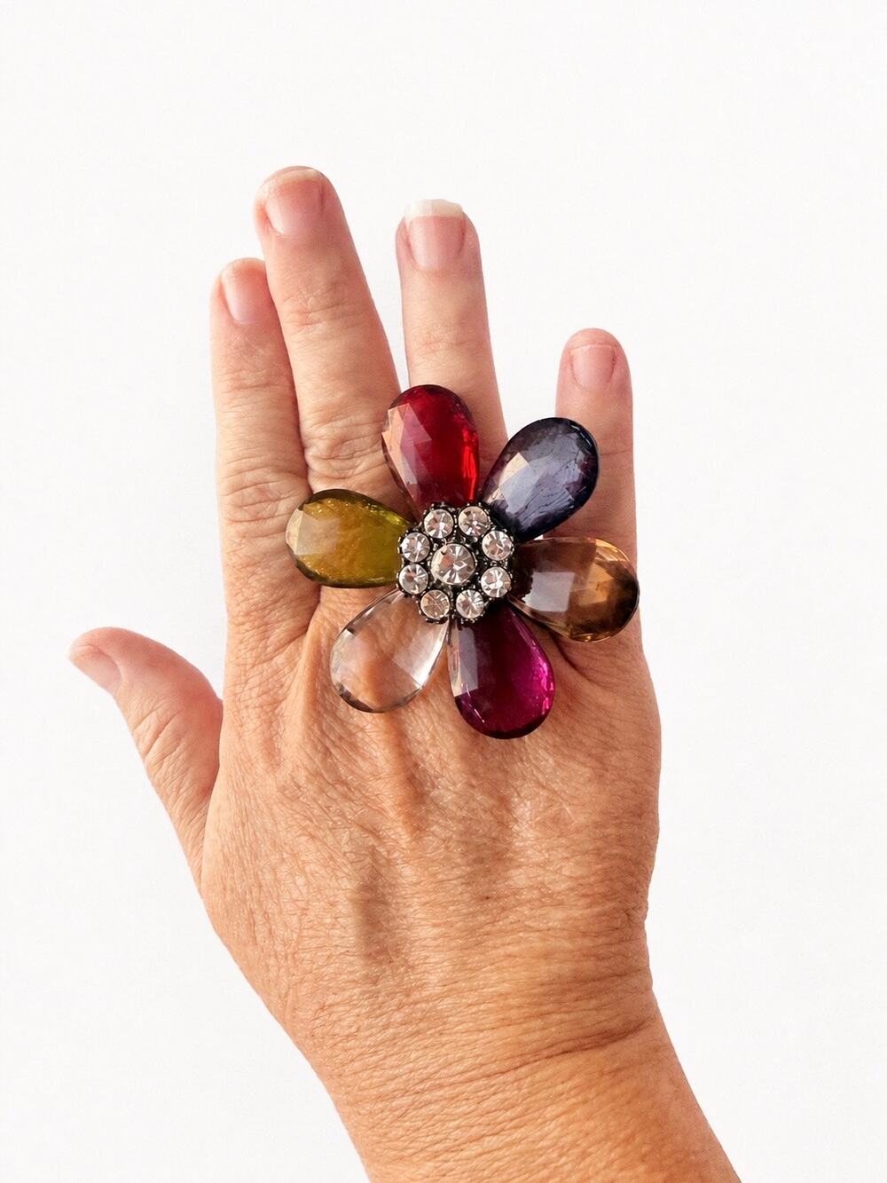 Colorful Flower Statement Cocktail Ring Multicolor Faceted Stretch Ring Sz 7-12